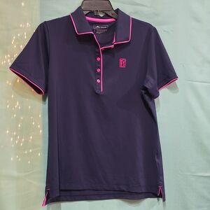 Peter Millar Women's Polo Shirt PGA Tour Navy W/Pink Trim Large UPF 50+ EUC